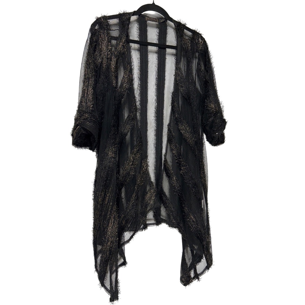 Piccadilly Fashions Black Gold Metallic Eyelash Fringe Sheer Kimono Cardigan XL‎